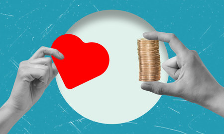 Composite collage image of two black and white color people hands holding money and heart as symbol. The concept of love for sale.の写真素材