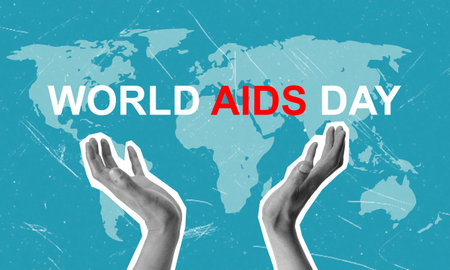 Modern art art collage featuring hands and aids day inscription on earth background. Concept of fighting aids, medicine and science.の写真素材