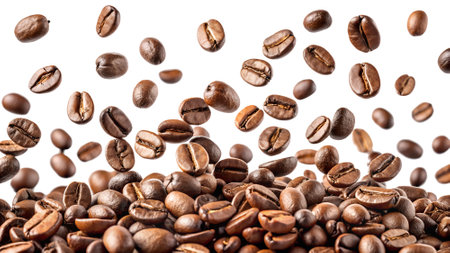 Roasted coffee beans on a white background. The concept of coffee, a tasty and tart drink.の写真素材