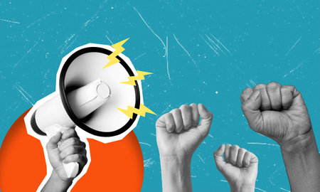 Modern art collage banner art featuring a crowd fists up and a megaphone on a blue background. This concept could be a protest, advertisement, or news piece.の写真素材