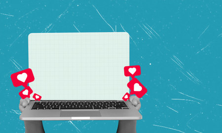 Modern art collage features a laptop with a blank monitor and many hearts. Social media likes algorithm concept.の写真素材