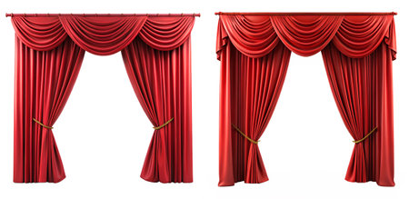 Theater curtain set with red horizontal drapery on white. Theater decor concept.の写真素材