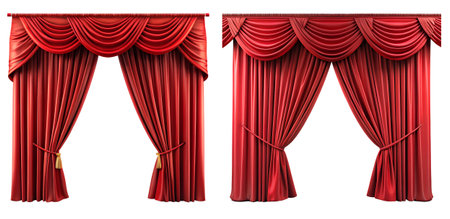 Theater curtain set with red horizontal drapery on white. Theater decor concept.の写真素材