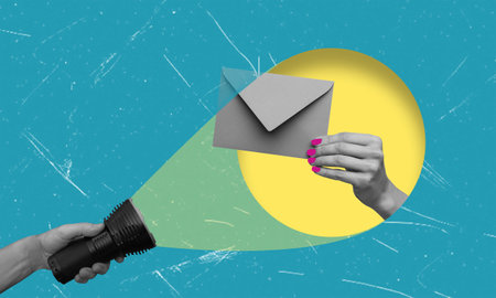 A colorful and imaginative depiction features a hand with pink nails presenting an envelope, highlighted by a beam from a flashlight on a bold blue and yellow backdrop.の写真素材