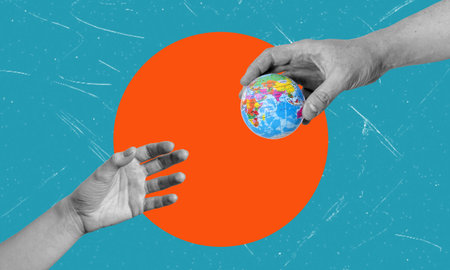 Contemporary art collage showing a hand with earth passes to the other hand. Concept of governance, protecting the earth. International earth day.の写真素材