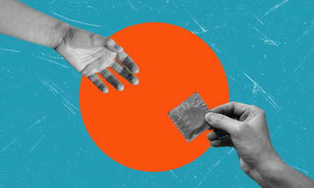 Modern art collage with the image of a hand passing a condom to another hand. concept of protection and contraception.の写真素材