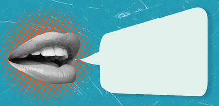 Contemporary art art collage with talking mouth and message bubble. Concept of conversation, message and news.の写真素材