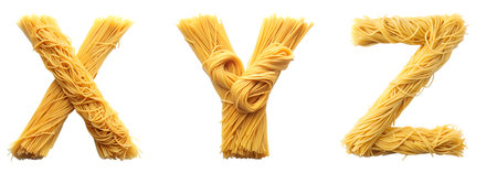 Y-Z letters of the English alphabet are made of macaroni on a white isolated background. Macaroni spaghetti food template. Brightly colored alphabet for stores.の写真素材