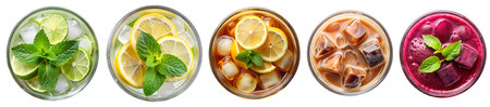 Different types of mojitos or cocktails in glass glasses on a white background. Top view. The concept of tasty, alcoholic, or alcohol-free drinks.の写真素材
