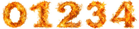 Set of numbers from 0-4 from fire on a white background. Numbers overlay concept for designの写真素材