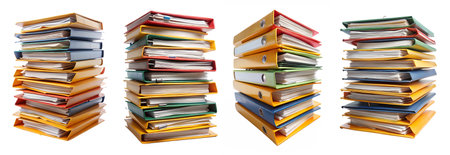 Set of stack folders with documents on a white background. The concept of archival documents jammed at work.の写真素材