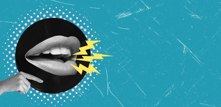 Contemporary art collage. Female mouth singing on retro vinyl record isolated on blue background. Concepts of creativity, surrealism, colorful design, advertisingの写真素材