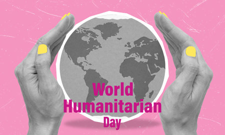 Modern art art collage of hands and earth, world humanitarian day. Concept of helping people in need, metaphor, and abstraction of aid.の写真素材
