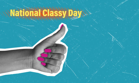 Modern art art collage with thumbs-up image on blue background. National Classy Day concept.の写真素材