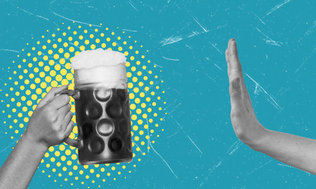 Modern art collage depicting a hand with a beer mug and a hand of rejection. Concept of alcohol refusal or Prohibition Remembrance Dayの写真素材