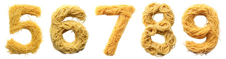 A set of numbers from 5-9 made of macaroni on a white background. Food concept made of numbers.の写真素材