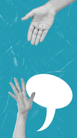 Modern art collage with a helping hand and a message bubble on a blue background. Concept of two people helping hand.の写真素材