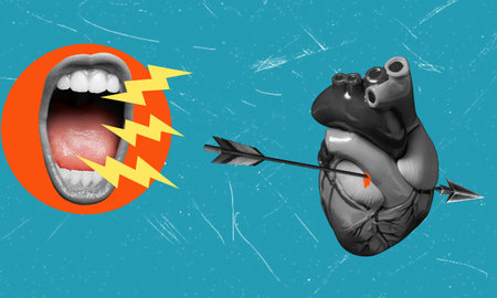 Contemporary art collage artwork depicting a screaming mouth on a heart, an arrow wound in the heart. Concept of metaphor, words hurt badly in the heart.の写真素材