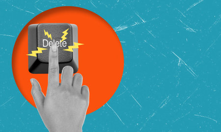 Modern art collage featuring a finger-pressed delete button with space for text. The concept of...