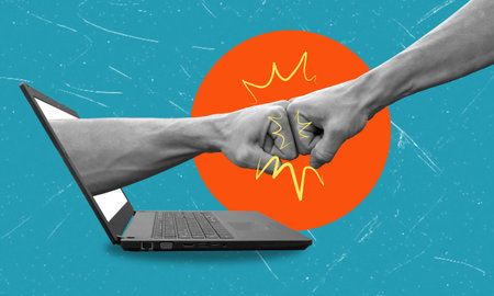 Modern art collage depicting a battle of opinions between men via laptop on a blue background....