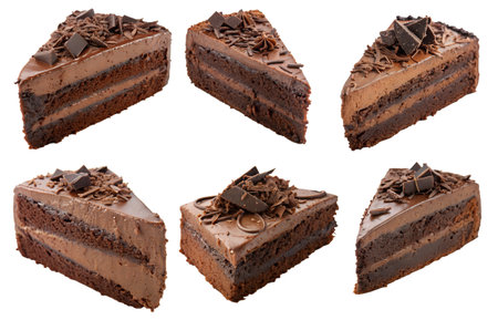 A set of chocolate cake pieces on a white background. Tasty and sweet food concept, Chocolate Cake Dayの写真素材