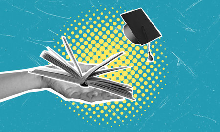 Modern art collage shows a hand holding a book and a graduate's cap. Concept of education and learning.の写真素材