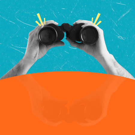 Contemporary art art collage depicting a hand with binoculars and reflection. Concept of advancement, vision forward in business and work.の写真素材