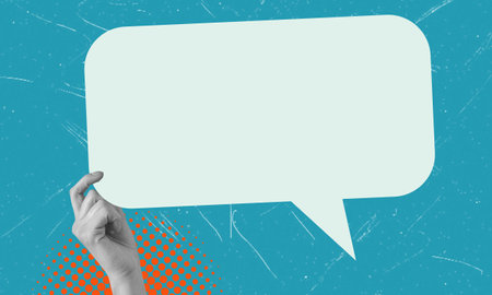 Modern art collage depicting a hand holding a speech bubble for advertising or news. Concept of information presentation, abstract.の写真素材