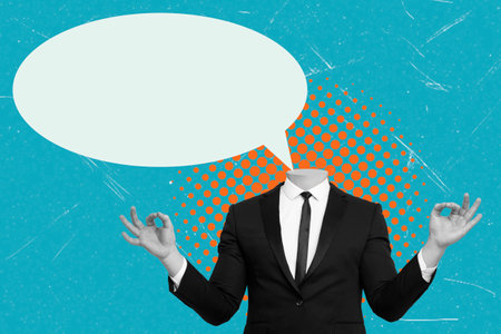 Modern art collage with the image of the man in a business suit and big message bubble on blue background. Presentation and advertising concept.の写真素材