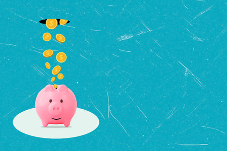 Modern art collage depicting pig piggy bank and falling money. The concept of successful investment brings quick income.の写真素材