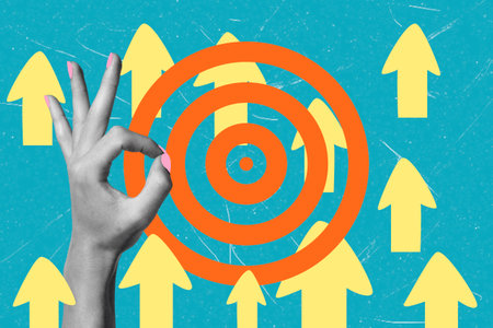 Modern art collage featuring a woman's hand showing an ok gesture against a background of a target and up arrows. Concept of business promotion, success, and achievement of goals.の写真素材