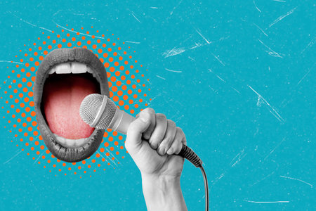 Modern art collage illustration of an open and screaming mouth holding a microphone on a blue background. News, advertising, and propaganda concepts.の写真素材