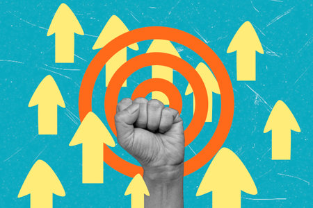 Contemporary art collage. Fist, target, and upward arrows on a blue background. Concept of business, marketing, finance, and success in achievement.の写真素材