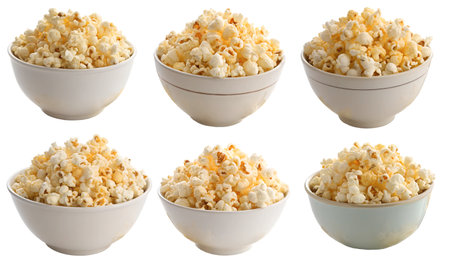 A collection of popcorn on a plate isolated on a white background. Food concept for watching a movie.の写真素材