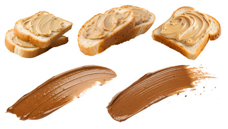 A set of peanut paste on bread and a smear of peanut paste on a white background. Delicious food concept.の写真素材