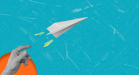 Man launching paper airplanes on a blue background with copy space. Contemporary art art collage....