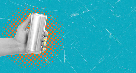 Modern creative art collage of hand holding aluminum can on a blue background, copy space. Concept...