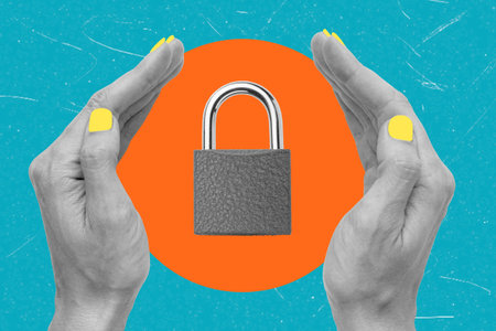Contemporary art collage featuring a hand with a lock. Data is secure. The concept of protecting...