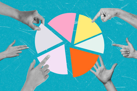 Modern art collage showing many hands taking pieces of a diagram on a blue background. Concept of...