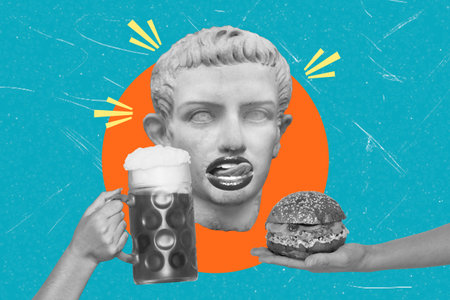 Modern art collage featuring a hand holding a beer mug and a hamburger on a blue background. Junk...