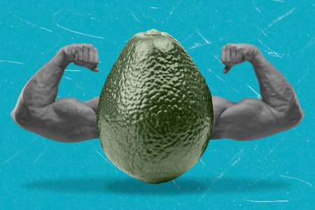 Creative, modern art collage of hands with avocado. Healthy eating concept. Banner advertisement...