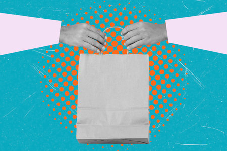 Modern art collage image of hands holding a paper bag on a blue background. Concept of selling, shopping.の写真素材