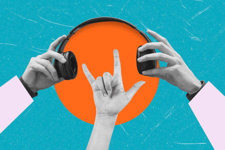 Modern art collage featuring hand with headphones and hand showing goat sign on blue background. Concept for podcast, webinar and interview.の写真素材