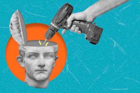 A hand holds a power drill poised over a classical marble bust, blending contemporary tools with...