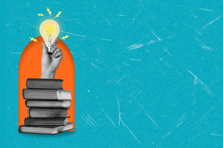 Art collage, hand with a light bulb from a book. Education concept and ideas.