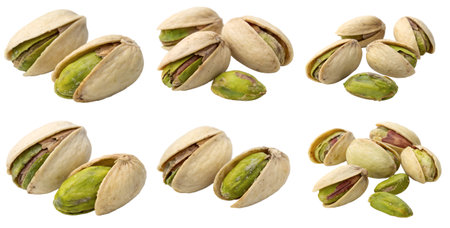 Set of pistachio nuts on white background, clipping outline. The concept of tasty and healthy food.の写真素材