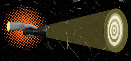 An art collage depicts a hand with a flashlight shining on a target on a dark background. The...
