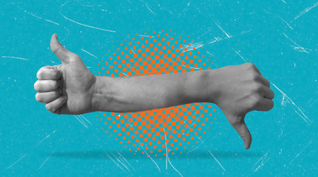Art collage showing thumbs down and thumbs up on a blue background. Concept of good and bad feedback.の写真素材