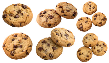A set of cookies with chocolate chunks isolated on a white background. The concept of delicious and sweet baked goods.の写真素材