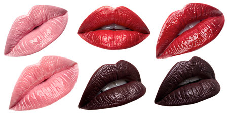 Set of pink and red lips and kiss isolated on a white background. Sensual mouth, concept enjoyment of beautiful female lipsの写真素材